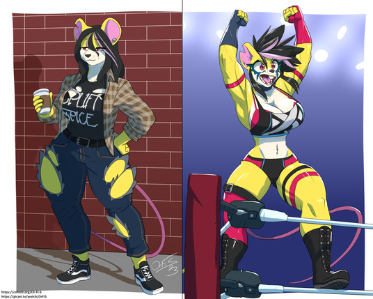 2 panels of an anthro mouse. on the left she's wearing casual grunge clothes with a cup of coffee, and on the right she's in a wrestler outfit, standing on the turnbuckle