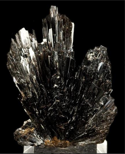 A diverging spray of splendent, metallic-black goethite blades from the Crystal Peak area, Colorado. These old Colorado specimens feature goethite at its best, as gleaming crystal sprays - rarely, as a near radial "star" such as this one. From wikimedia