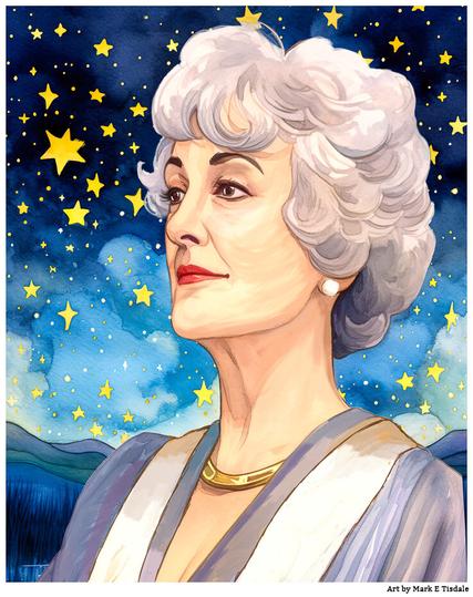 Digital art painting of Bea Arthur - 3/4 portrait angle with a night sky filled with golden stars as the backdrop