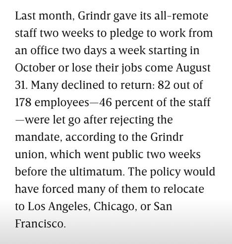 “Last month, Grindr gave its all-remote staff two weeks to pledge to work from an office two days a week starting in October or lose their jobs come August 31. Many declined to return: 82 out of 178 employees-46 percent of the staff-were let go after rejecting the mandate, according to the Grindr union, which went public two weeks before the ultimatum. The policy would have forced many of them to relocate to Los Angeles, Chicago, or San Francisco.”