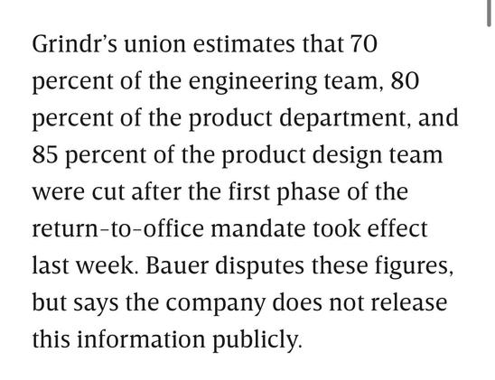 “Grindr's union estimates that 70 percent of the engineering team, 80 percent of the product department, and 85 percent of the product design team were cut after the first phase of the return-to-office mandate took effect last week. Bauer disputes these figures, but says the company does not release this information publicly.”
