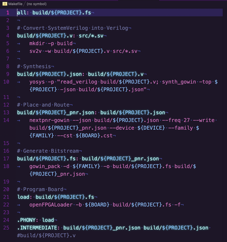 A screenshot of a Makefile, which is a plain-text file full of computer code. The exact contents aren’t important to the meaning of the screenshot — the point is that it enables a Mac to built the files needed to make a small, cheap FPGA development board work. The vendor’s hardware is Linux and Windows only. The screenshot is from an app called Nova, and it’s all purples and blues and other “soothing” colours, and is a very nice place to type.