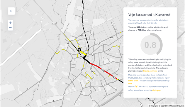 A map with a school selected in Wechelderzande showing a safety score of 0.8.