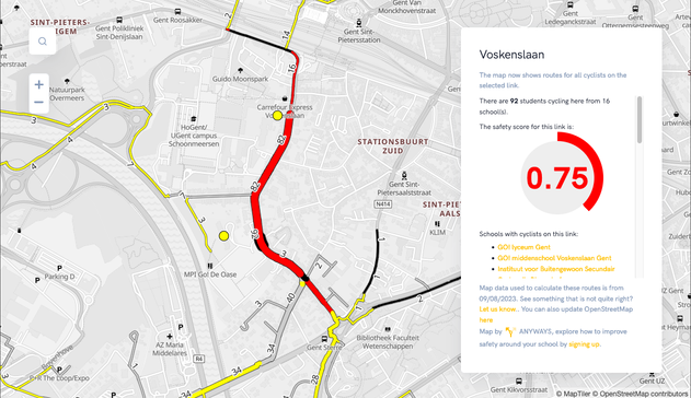 A map with a street selected in Gent showing a safety score of 0.75.