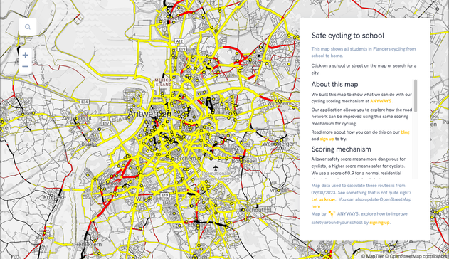 A map with safety scores per street and schools for Antwerp.