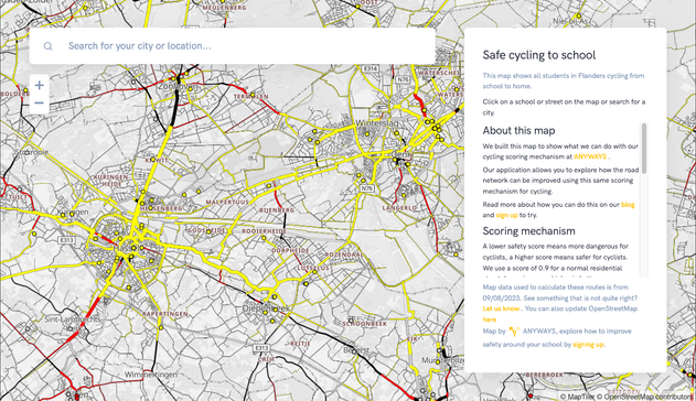 A map with safety scores for schools and streets around Hasselt and Genk.