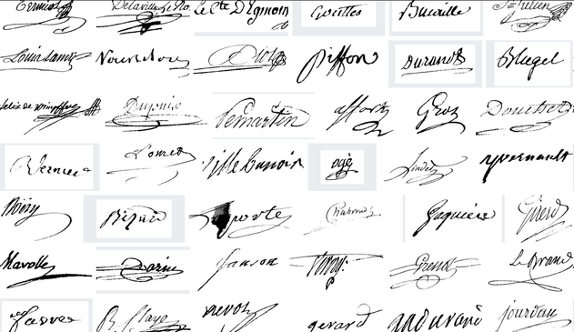 Mosaïque de signatures de députés français de 1790 importées sur Commons (url de recherche : https://commons.wikimedia.org/w/index.php?search=signature+proc%C3%A8s-verbal+division&title=Special:MediaSearch&fulltext=Rechercher&type=image)