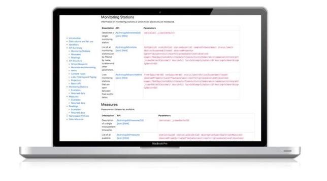 View of the Environment Agency Hydrology Service API Documentation page on the screen of a MacBook
