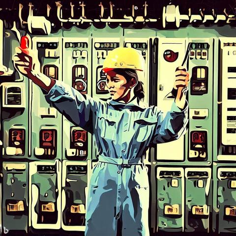 A female worker in a yellow hard hat and blue coveralls standing in front of an electrical panel in a stylised factory.  The worker is holding a multimeter with arms outstretched above her head