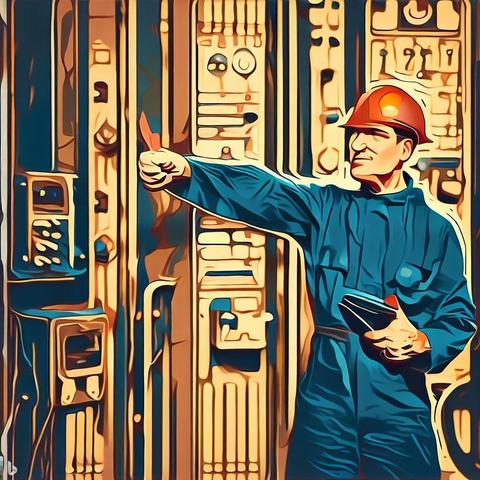 A Male worker in red hard hat and blue coveralls standing in front of an electrical panel in a stylised factory.  The worker is holding a multimeter and is stretching out with his other hand as though to strike the panel.
