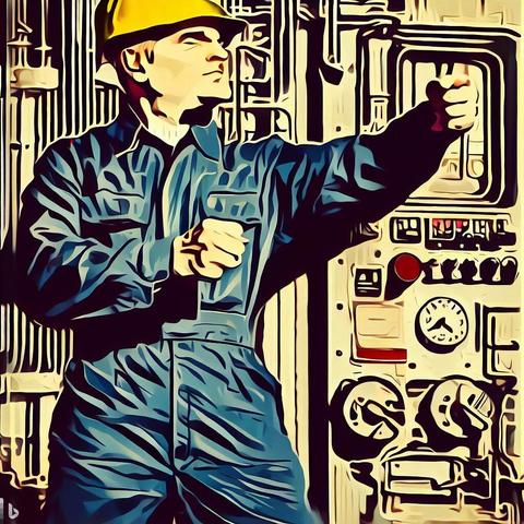 An elderly male  worker in yellow hard hat and blue coveralls standing in front of an electrical panel in a stylised factory.  the worker is in an aggressive stance with eyes closed