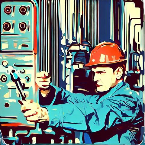 A male worker in red hard hat and blue coveralls standing in front of an electrical panel in a stylised factory.  The worker is holding a spanner as though to strike something