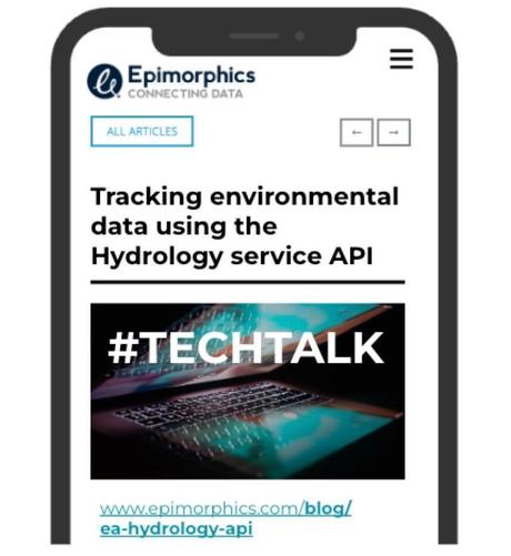 Decorative Image top half of a Templated iPhone screen with Epimorphics website of the Tracking environmental data using the Hydrology service API blog post and link: www.epimorphics.com/blog/ea-hydrology-api