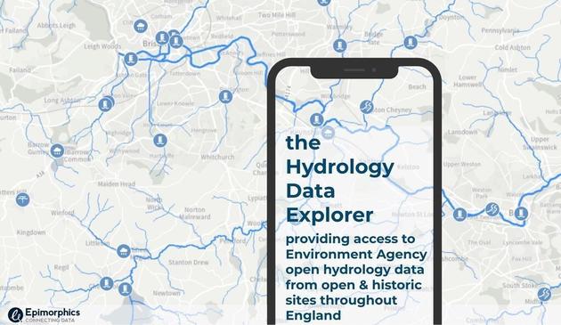 Background map of rivers near Bristol with EA Hydrology monitoring stations with a Templated iPhone screen  over a section of the map and the title: the Hydrology Data Explorer and description: providing access to Environment Agency open hydrology data from open & historic sites throughout England i