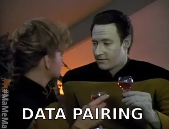 startrek tng data toasts with a female crew member. text: data pairing