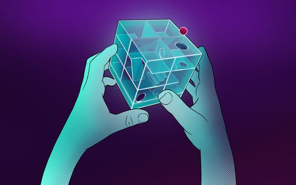 Illustration of a pair of children's hands holding a maze cube. The task of tihs cube is guiding a small ball through different floor levels by leading it to a hole to fall through. (Illustration by Franz-Georg Stämmele)
