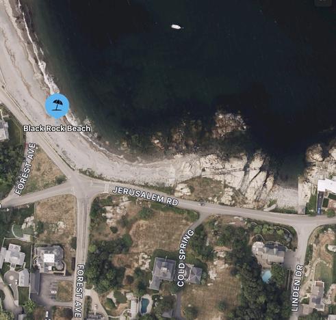 Satellite map of Black Rock Beach area, with the Atlantic Ocan at the top (north). Cars in image provide scale. A putative dike complex is visible as lineations near the image center.