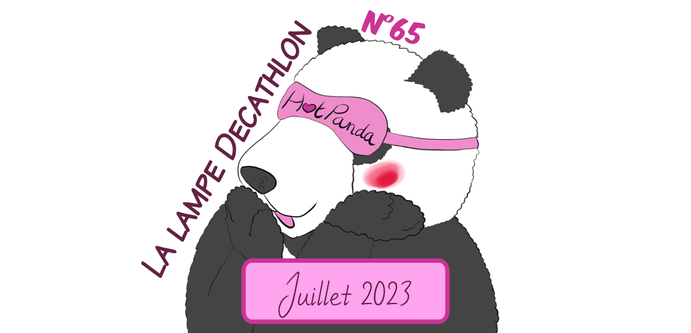Bannière des HotPandas avec Moustache le panda qui rougit en faisant "huhu" en souriant. C'est l'épisode 65, juillet 2023, et le titre est "la lampe Decathlon".