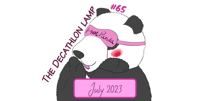 Banner of the HotPandas comics where Moustache the panda smiles while saying "huhu".
It's the 65th episode, the one of july 2023, and the title is "the Decathlon lamp"