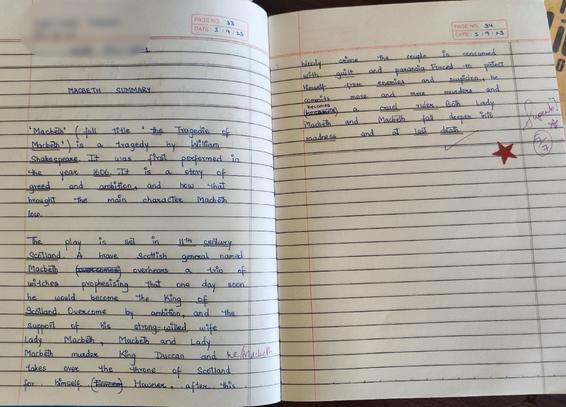 Neat, handwritten summary of Macbeth in blue ink, on a lined notebook. Teacher has marked 7/7, commented "Super" and given a red star.