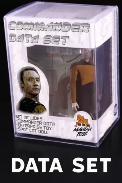 welded toy box with a picture of startrek tng commander data picture. text on the box: commander data set

set includes
commander data
enterprise toy
spot cat doll

as often with lower price range toys a part of the box is a transparent plastic so you see a data doll and a plastic entreprise toy

teyt below box: data set

remark: this was one fun gimp ride. when i started memeing here in november, i doubt i could have done it, let alone how long i took.
