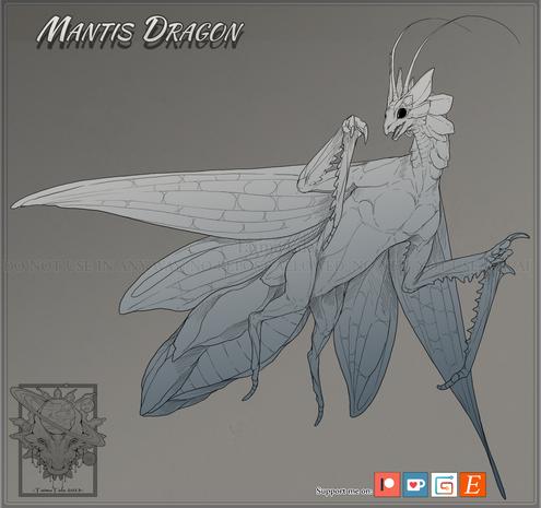 Mantis Dragon. A mantis dragon with four insect like wings, insect like legs and insect like eyes.