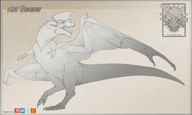 A dino dragon with short arms and bull horns and a axe horn on his head.