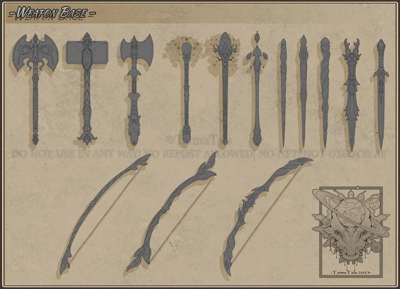 Different weapon designs. Axes, Hammers, staffs, wands, daggers and bows.