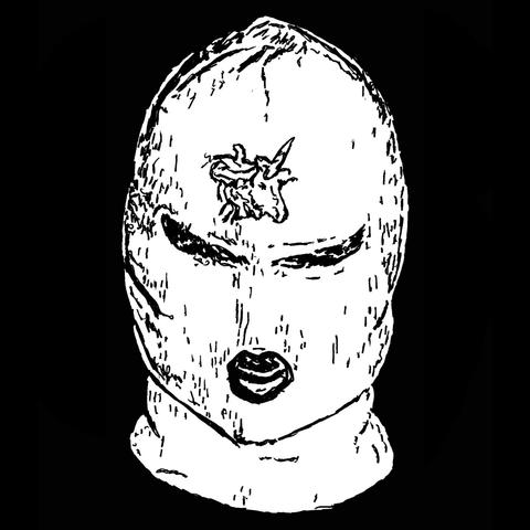 Pen drawing of a woman’s floating head wearing  a balaclava with a unicorn on it drawn on a black background.