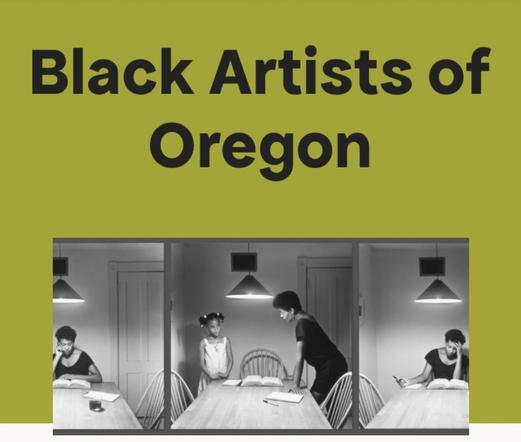 Portland Art Museum website graphic with chartreuse border and Black text reading Black Artists of Oregon with black and white photo of Black woman and child at dining room table lit by a suspended pendant light