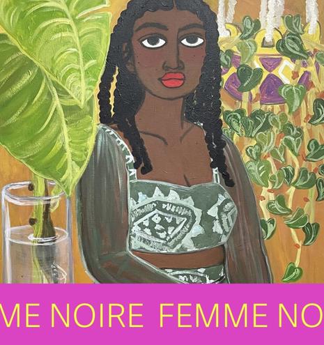 Seattle Art Museum Femme Noir website color photo of painting of a Black woman in braids surrounded by green plants