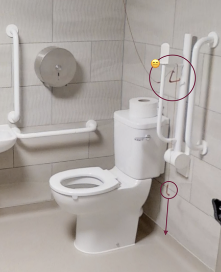 Photo of a toilet in a large changing-places room. A red cord hangs from the ceiling, swings to one side where it is draped over a grab-rail, and descends from there to end half a metre or so off the floor. I have labelled the offending elements.