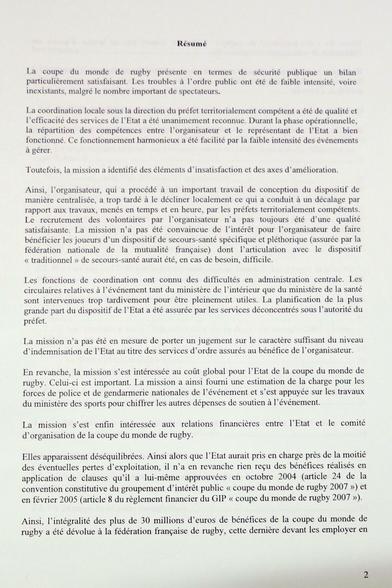 Synthèse introductive du rapport IGA IGA IGJS IGN sur la coupe du monde 2007 en France : Evaluation du dispositif de sécurité mis en place pour la coupe du monde de rugby 2007 (Archives nationales, cote 20150033/17)