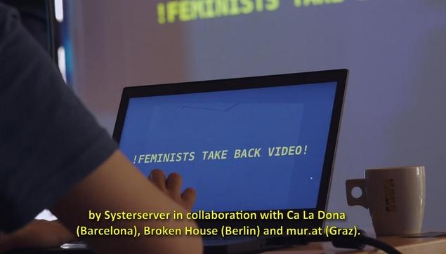 screenshot of video by sol fuentes las pibas, image of laptop screen saying "feminists take back video"