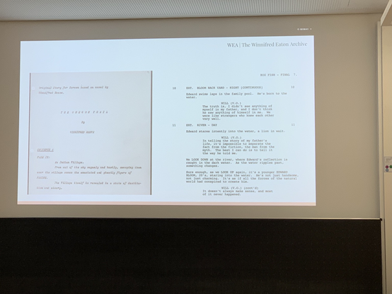 Slide displaying a photo facsimile and transcript from a screenplay