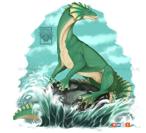 Green drake sitting on a rock in the water. 
The dragon has fins on his cheek, head and tail. water is splashing against the rock