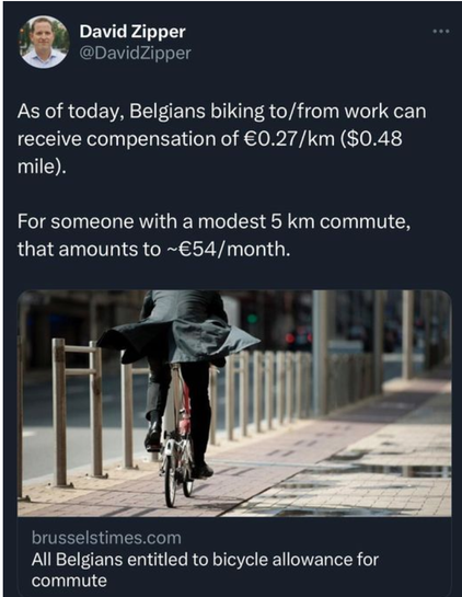 Posting by David Zipper introducing the new mileage rates for cycling in Belgium