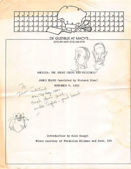 A class notes page from a 1983 Macy’s De Gustibus class featuring James Beard, with handwritten notes and drawings by my mother (who took the class).
