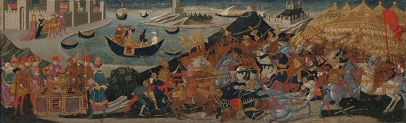 Tableau de la Renaissance illustrant le sujet de ce soir : La Bataille de Pharsale et la mort de Pompée, Apollonio di Giovanni, 1455-1460, Art Institute of Chicago. Ah flûte, vous vous êtes fait spoiler. Déso !