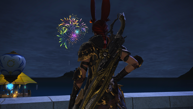 Ravynn stands at a stone balcony looking out over the Rising fireworks going off in the distance in Limsa.