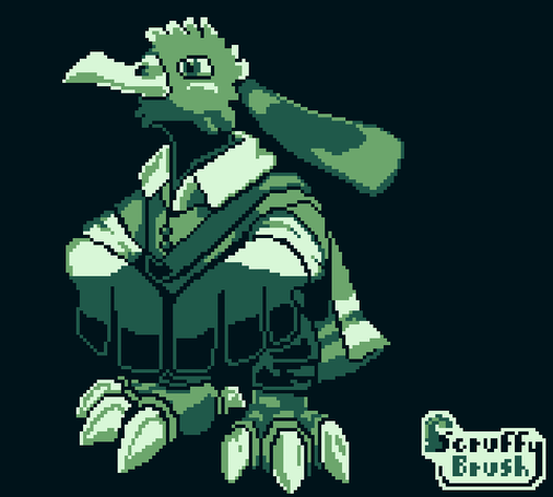 Gameboy pixelart of a Xatu OC mimicking gen2's sprite stance wearing a vest, cape and backpack