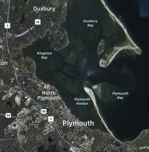 Plymouth bay is on the Massachusetts coast between Boston and Cape Cod. The spit protecting Plymouth Harbor (lower right) is about 4 km long.