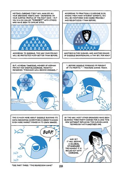 Six more panels on this second page.
The text continues:
"Instead, Chrome itself will analyze all your browsing habits and – depending on your surfing profile of the past days – put you in a so-called "cohort" with others who have been to similar sites."

The picture shows three circles of different shades of blue, filled icons of users, all looking the same.

"According to Google, this way your privacy will be protected much better than before. According to practically everyone else, among them many internet experts, you will be monitored even more precisely and relentlessly than before."

Here the picture shows the circles overlying one another like Venn diagrams. Wherever two overlap, the anonymous user icons look more unique, wearing hats or individual haircuts. In the middle, where all three overlap, a very individual looking face looks very distressed, shocked about being surveilled.

The text continues:
"Another outcry ensued, an another round of Google backpedaling, a tiny bit, for now."

"But, as Rena Tangens, member of German privacy NGO DigitalCourage, recently remarked: "Piranhas will become vegans before Google foregoes 99 percent of its profits." – Trackers gonna track".

The images here show a piranha that very much looks like the Google Chrome logo, staring at a Vegan Flower, the petals made of the Venn Diagrams of Chrome users. The fish then jumps at the flower, showing its sharp teeth.

(Continued on next picture's Alt text...)