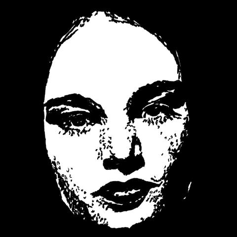 Pen drawing of Carroll Borland emerging from the shadows drawn on a black background.