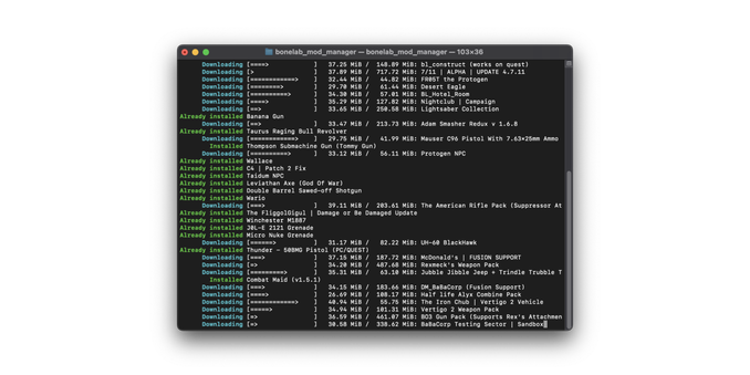 CLI program downloading and installing many mods simultaneously, with different parts of each line being aligned like defined columns