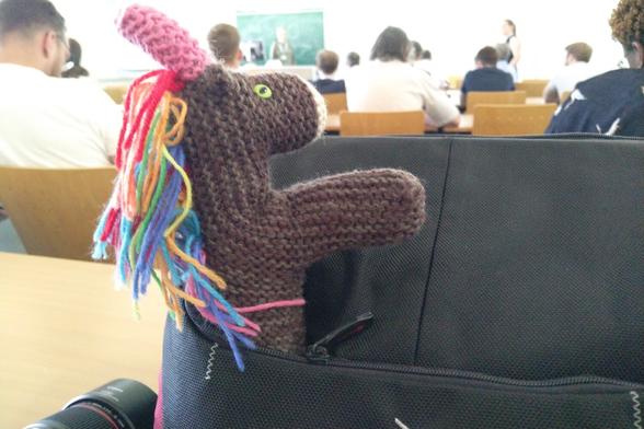 knitted unicorn in a seminar room