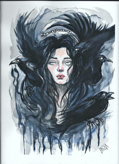 Retrato de mujer joven, pelo negro desordenado y rodeada por cuatro cuervos.
Técnica de acuarela sobre papel.