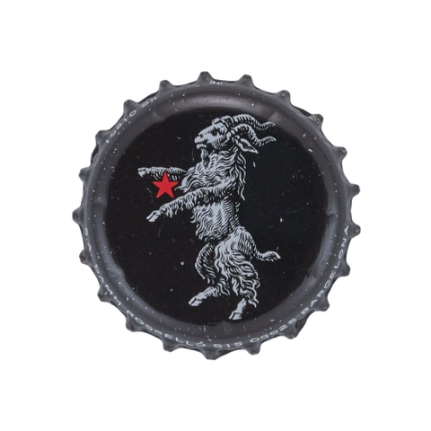 White goat standing on its back legs and a red star between its front legs on a black bottle cap. Akerbeltz beer, probably.