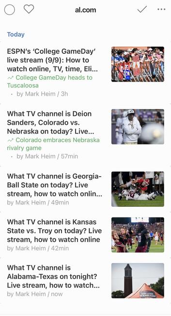 An RSS feed showing college sports TV listings