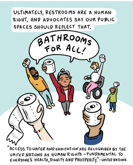 Various people holding toilet paper and shouting "Toilets for all!"